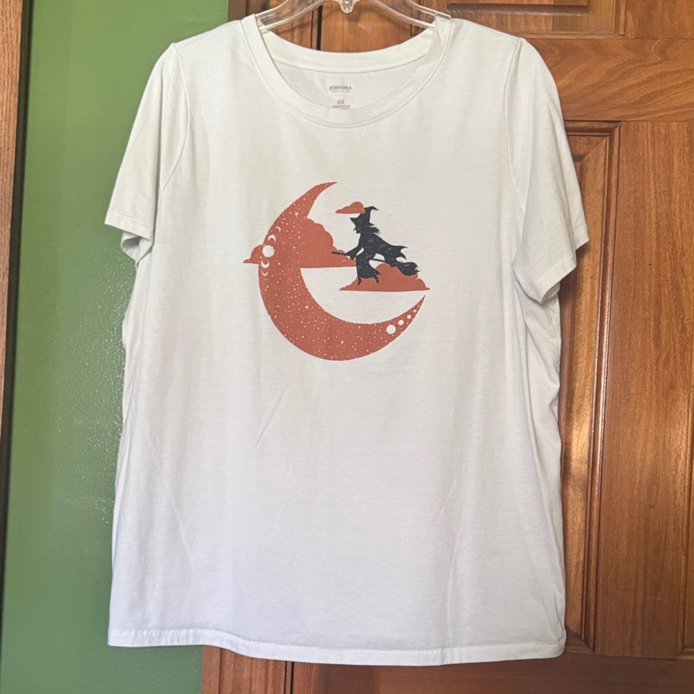 Sonoma White Tee with Orange Witch and Moon Graphic